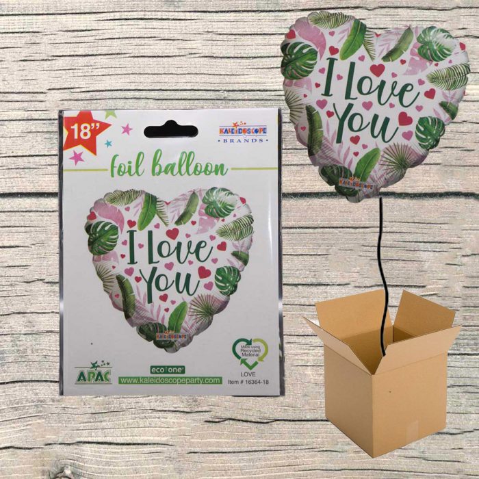 Ballon gonflé à hélium cœur Y love You feuilles.