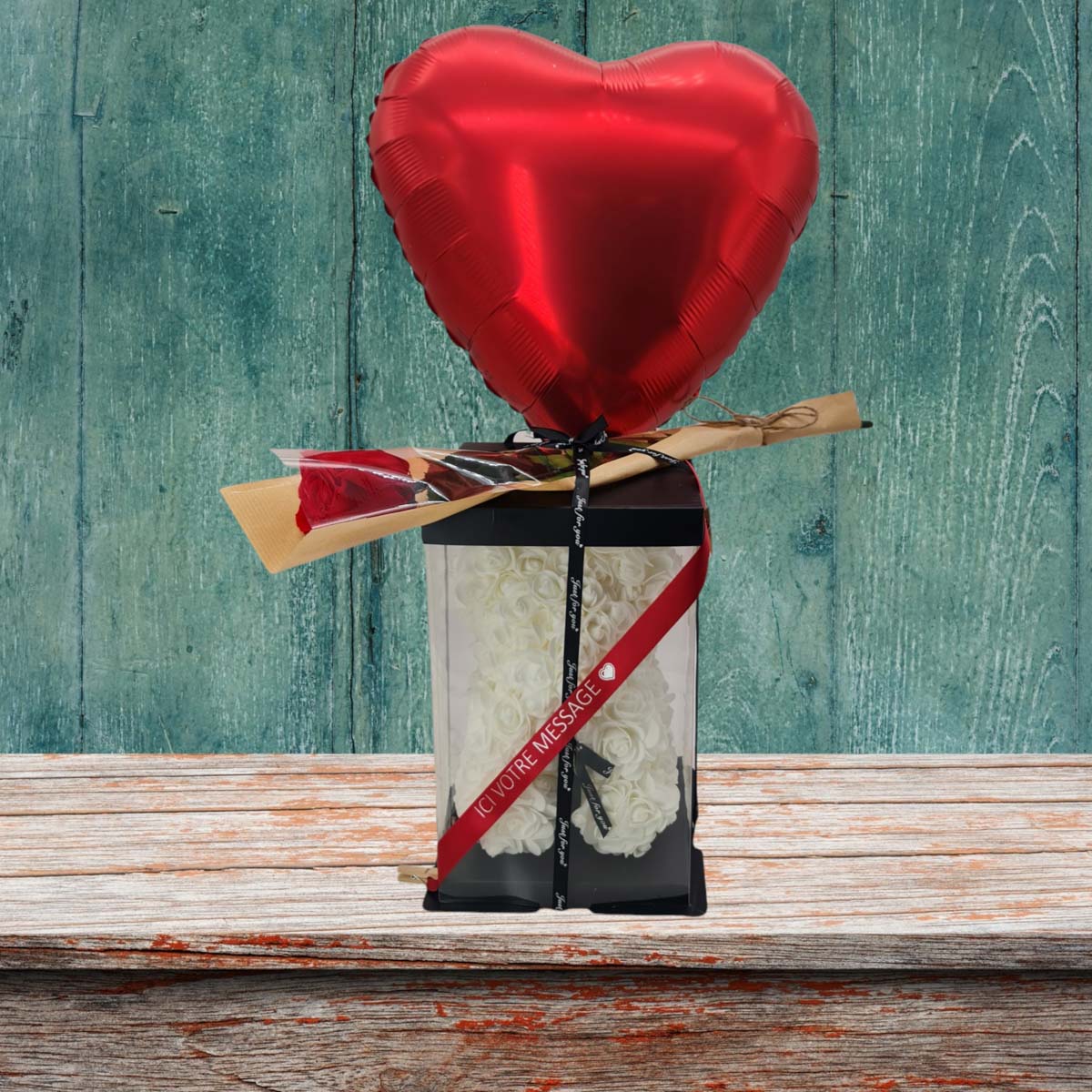 Coffret St Valentin ourson blanc & rose éternelle
