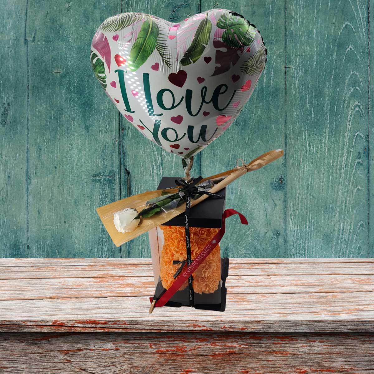 Coffret St Valentin ourson orange & rose éternelle