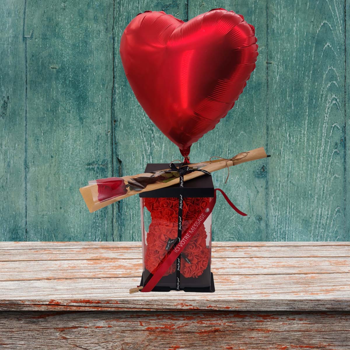 Coffret St Valentin ourson rouge & rose éternelle