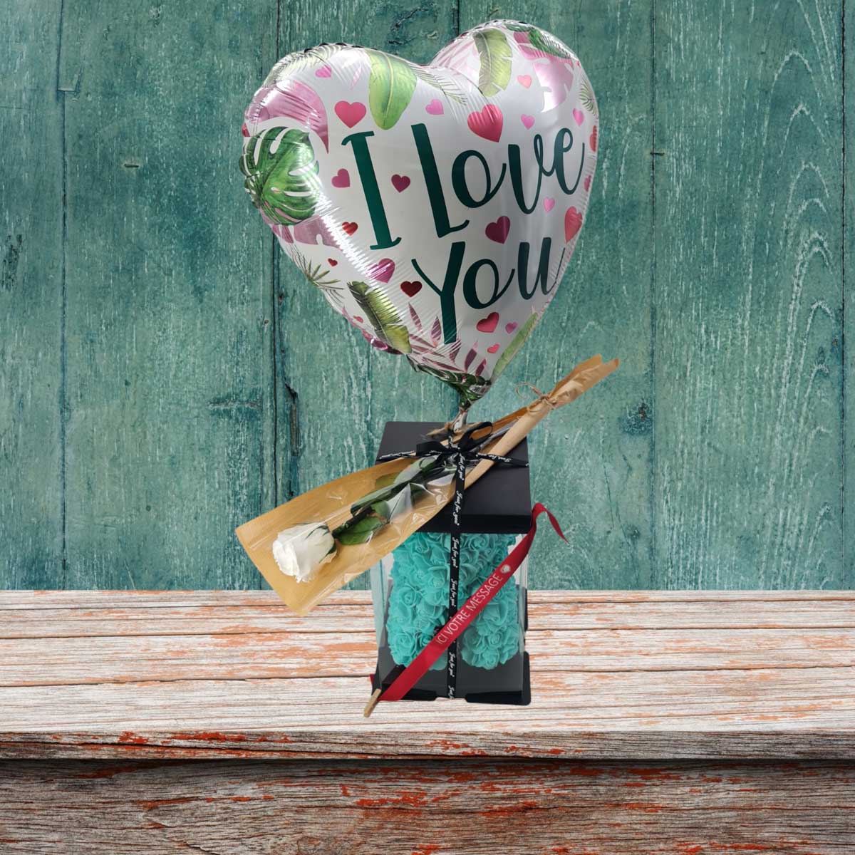 Coffret St Valentin ourson turquoise & rose éternelle