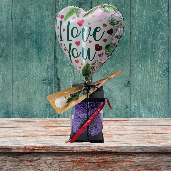 Coffret St Valentin ourson violet & rose éternelle